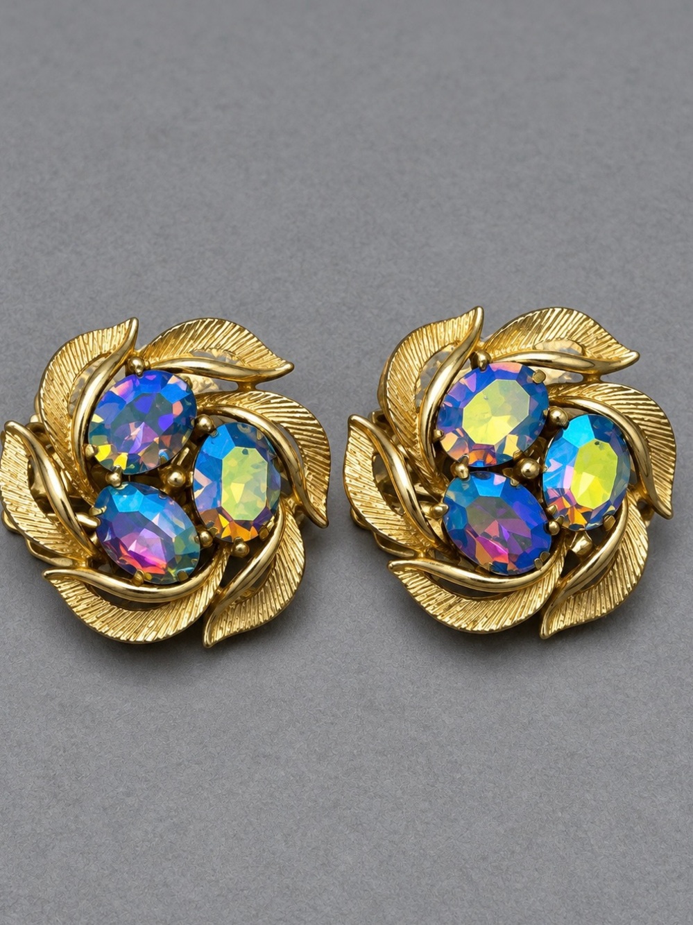 Vintage Lisner Aurora Crystal Leaf Cluster Clip-On Earrings